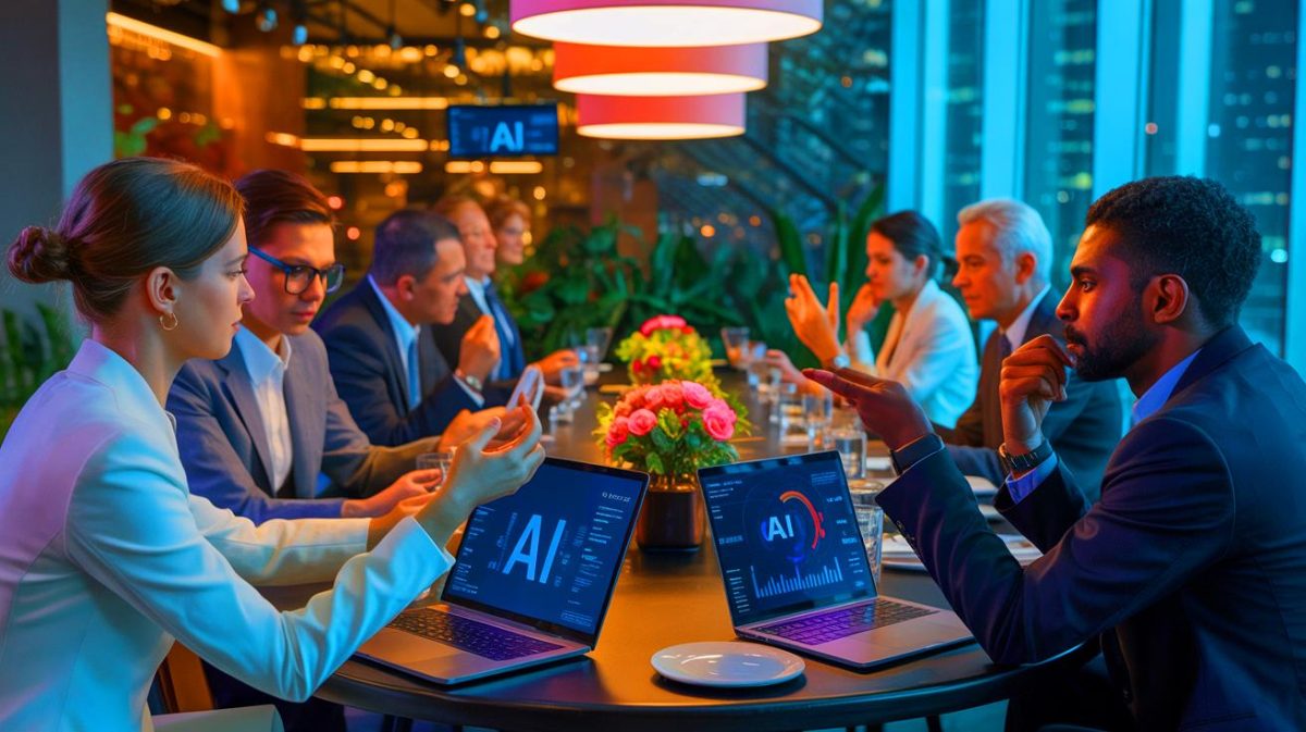 Illustration of HR executives discussing workforce challenges at a private dinner in New York City.