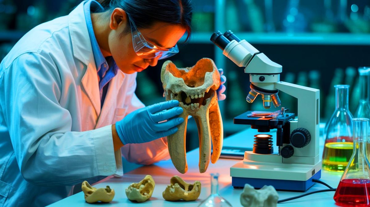 Illustration of researchers analyzing ancient dental calculus to uncover betel nut use in Southeast Asia.