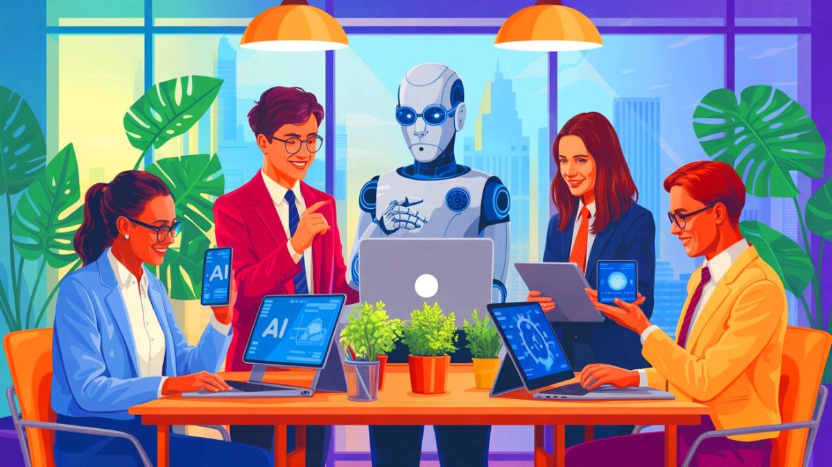 Illustration of employees navigating the challenges and opportunities of AI integration in the workplace.