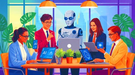 “AI Sparks Unrest”: The Surge in Corporate Adoption Fuels Employee Anxiety and Uncertainty Illustration of employees navigating the challenges and opportunities of AI integration in the workplace.