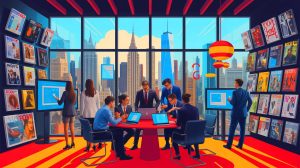 Illustration of Michael Sebastian overseeing the integration of print and digital media at Esquire magazine.