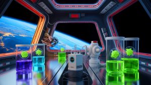 Illustration of yeast-based bio-manufacturing systems for space missions.