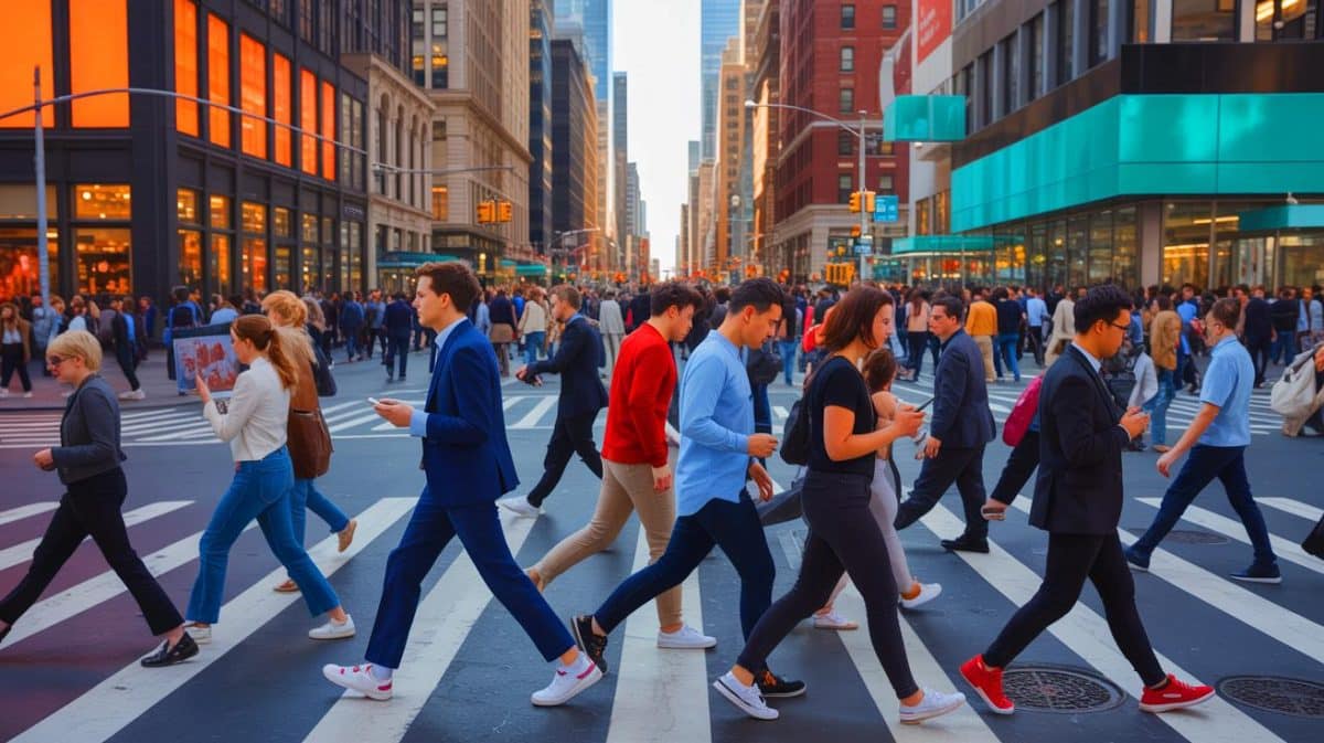 City Dwellers Warn: “Neighbors Are Strangers Now” As Urban Life Speeds Up, Destroying Deep Human Connections Illustration of fast-moving crowds in a city crosswalk reflecting changes in pedestrian behavior over time.