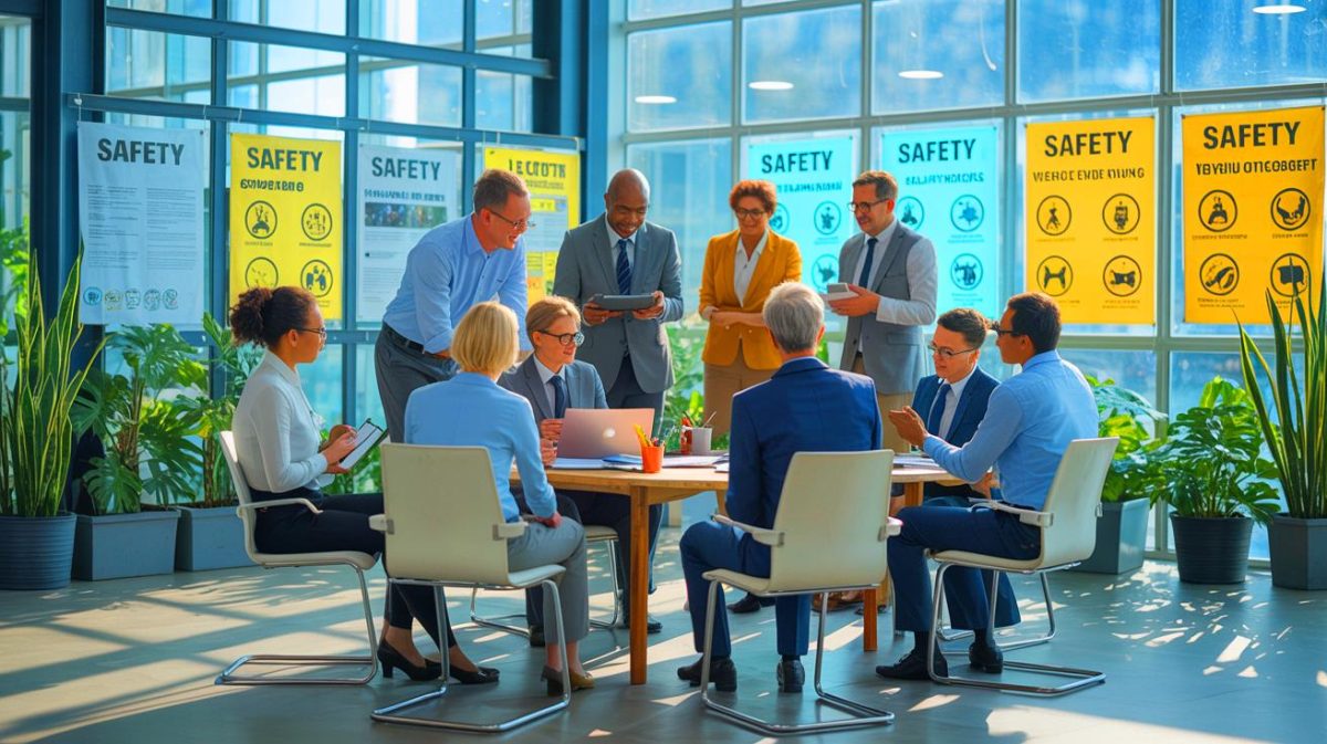 Illustration of employees and managers engaging in a collaborative safety planning session.