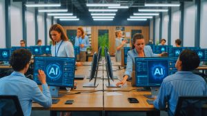 Illustration of the impact of AI on workplace productivity and employee burnout.