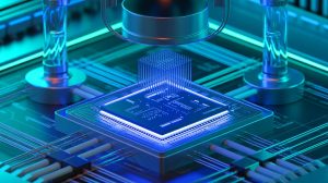 Illustration of a cryogenic control system managing spin qubits on a silicon chip at near absolute zero temperatures.