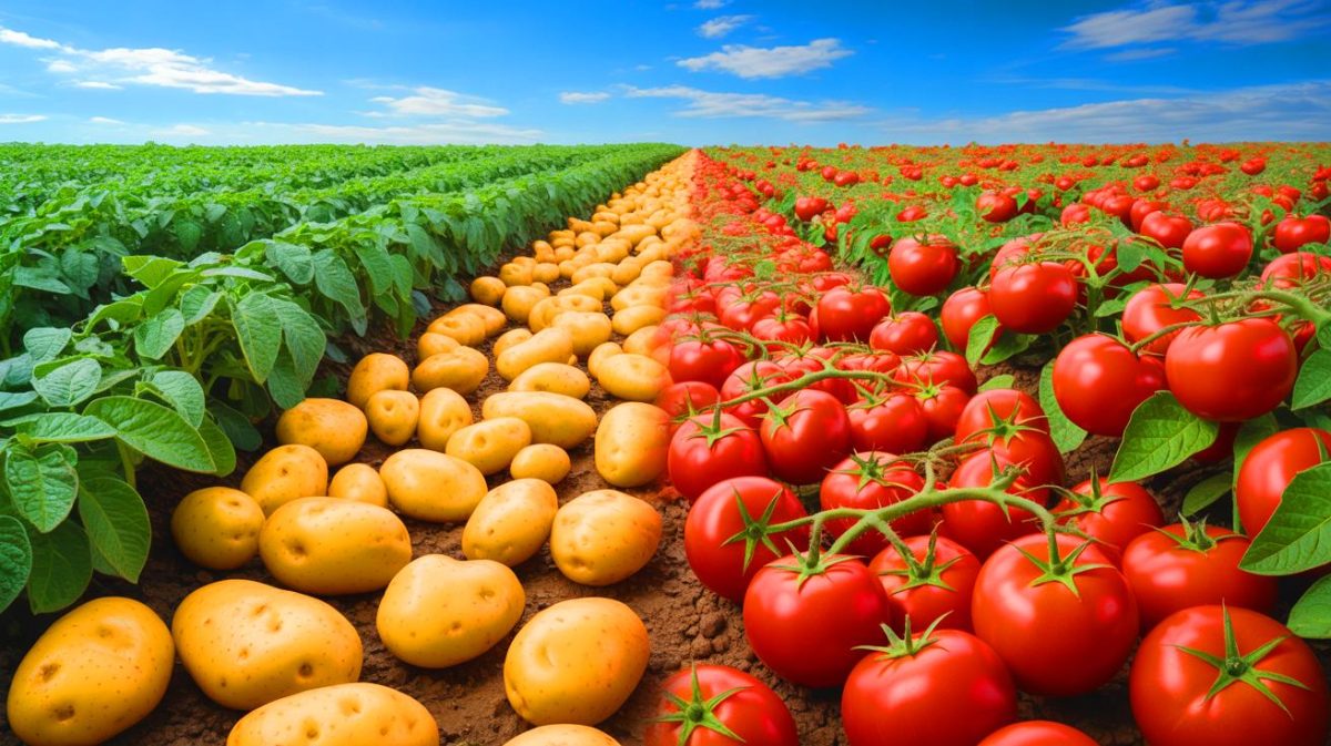 Illustration of the evolutionary link between potatoes and tomatoes through ancient hybridization.