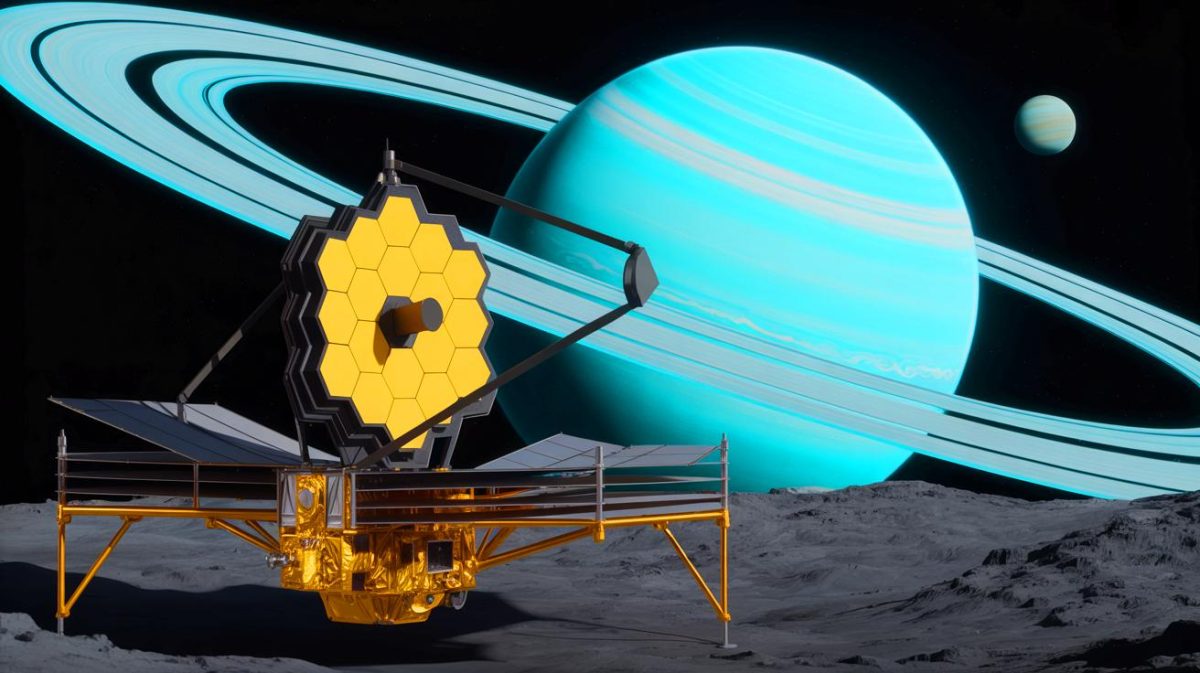 Shattered Silence: An Unseen World Emerges with Astronomers Unveiling a Mind-Blowing Celestial Discovery Illustration of the James Webb Space Telescope's discovery of a new moon orbiting Uranus.