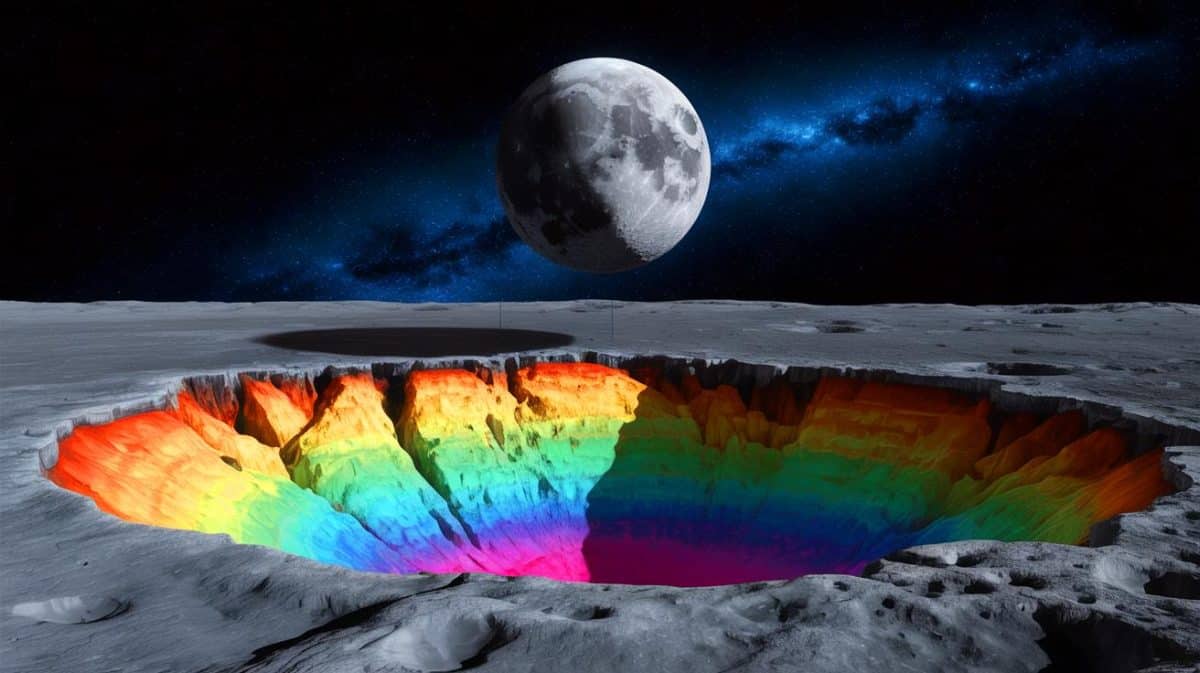 Illustration of a colossal, dense structure beneath the Moon's South Pole-Aitken basin.