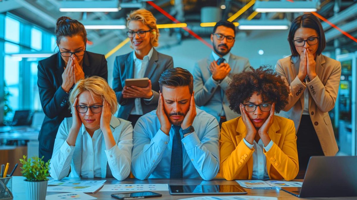 “Those Who Care Burn Out”: The Hidden Crisis Threatening the Most Dedicated Employees Illustration of employees experiencing burnout due to emotional investment in their work.