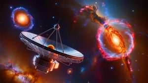 Illustration of astronomers using NASA's James Webb Space Telescope to discover unexpectedly bright galaxies.