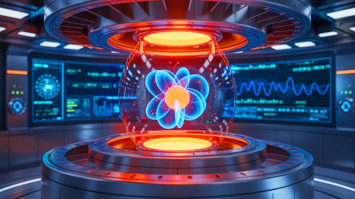 Illustration of artificial intelligence systems monitoring plasma behavior in a fusion reactor.