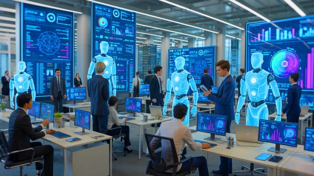 Illustration of autonomous AI agents interacting and making decisions on behalf of users in various industries.