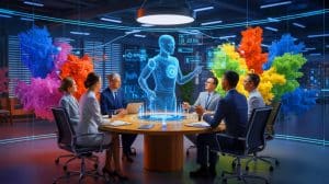 Illustration of artificial intelligence transforming leadership and digital integration in the workplace.