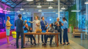 Illustration of leaders navigating the AI-driven transformation in the workplace with resilient and adaptable teams.