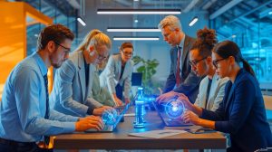 Illustration of professionals adapting to AI in the workplace.