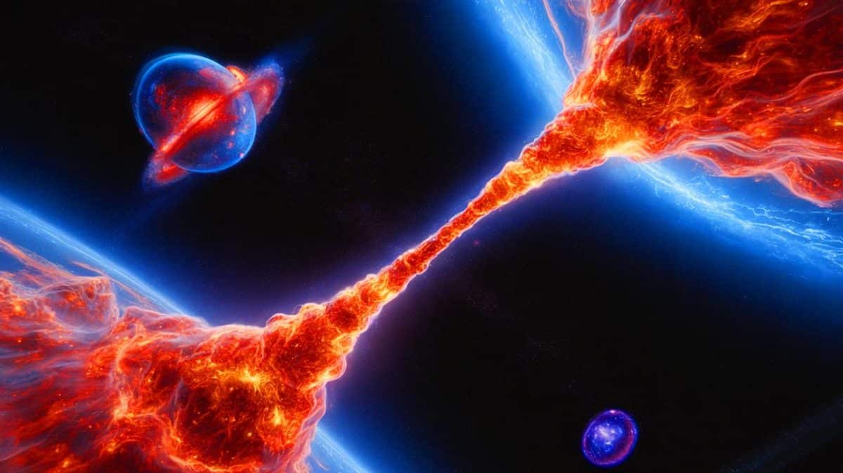 Illustration of a colossal hydrogen gas bridge connecting two distant dwarf galaxies.
