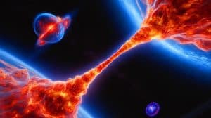 Astronomers Reveal Hidden Space Phenomenon That Shatters Our Understanding Of Universe: Massive Cosmic Gas Bridge Found Illustration of a colossal hydrogen gas bridge connecting two distant dwarf galaxies.