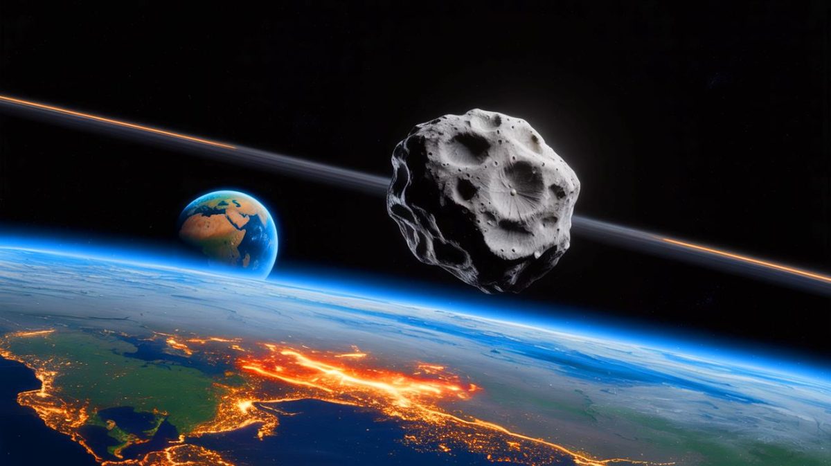 Illustration of the asteroid 2025 PN7 orbiting alongside Earth in a quasi-satellite path.