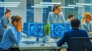 Illustration of employees resisting the adoption of artificial intelligence tools in the workplace.