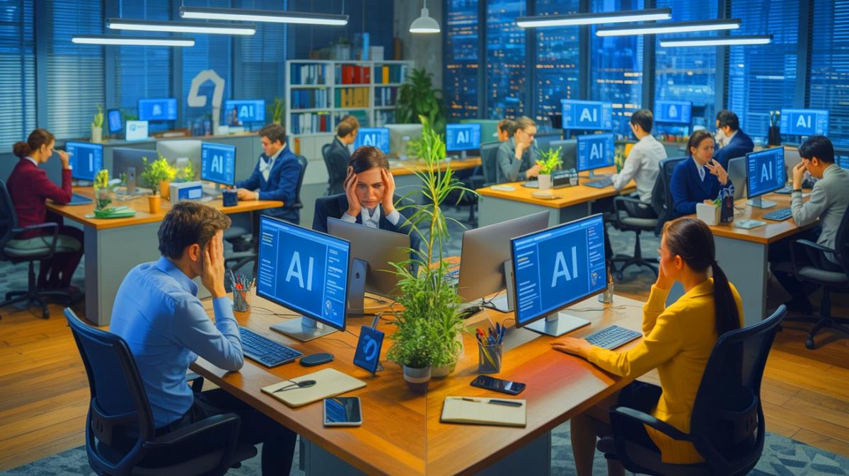 Illustration of employees experiencing quiet cracking in a modern workplace environment.