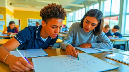 Illustration of two high school seniors from New Orleans presenting their trigonometric proofs for the Pythagorean Theorem.