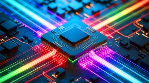 Illustration of a revolutionary transmitter chip enhancing wireless communication efficiency.