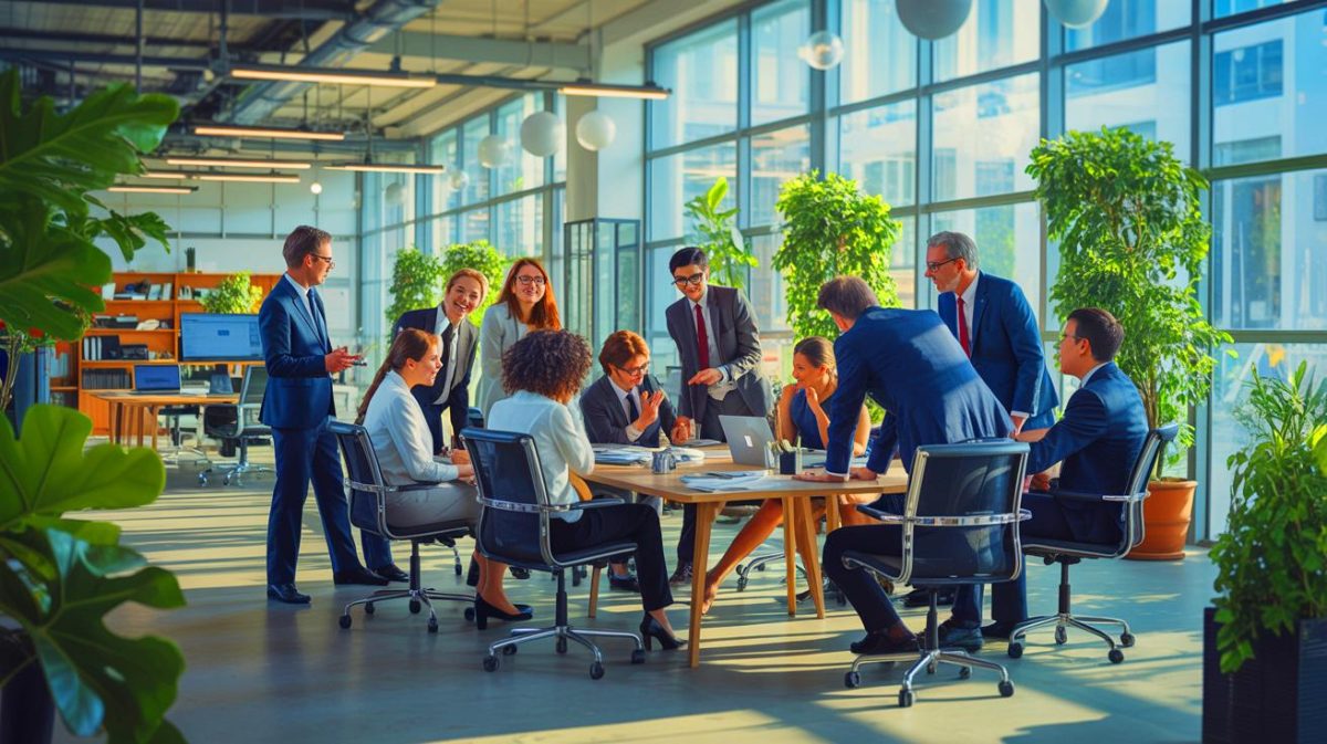 Illustration of a strategic team meeting focused on post-summer workplace reintegration and productivity planning.