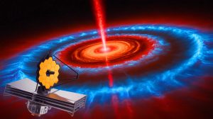 Illustration of swirling gas and dust in a planet-forming disk dominated by carbon dioxide.