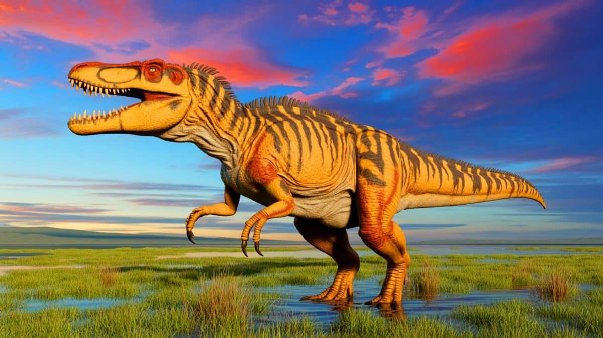 Illustration of Joaquinraptor casali with a crocodile-like arm in its jaws.