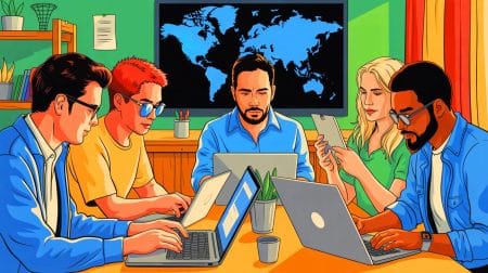Illustration of motivated rural workers eager to reskill for remote job opportunities.