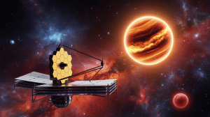 Illustration of the James Webb Space Telescope detecting phosphine gas in the atmosphere of the brown dwarf Wolf 1130C.