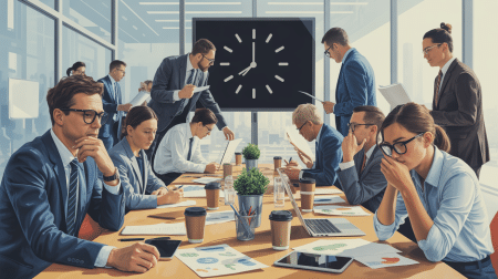 Illustration of employees experiencing meeting fatigue and inefficiency.