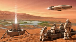 Illustration of scientists exploring terraforming Mars and floating cities on Venus for human habitation.