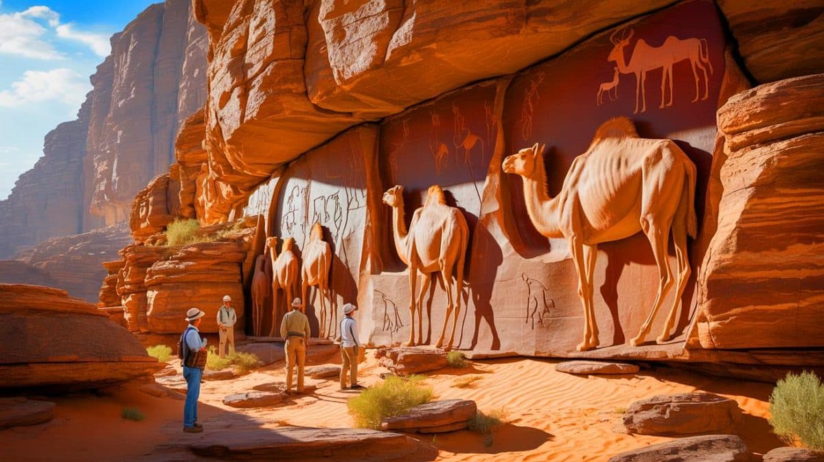 Ancient Rock Art Reveals Shocking Secrets That Shatter Everything We Knew About Human Life In Arabian Deserts Illustration of life-size engravings of camels and other animals on desert cliffsides in northern Arabia.