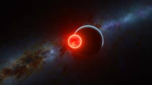Illustration of a newly discovered super-Earth orbiting a red dwarf star in the Lynx constellation.