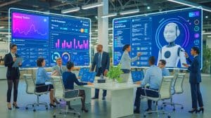 Illustration of Cisco's Connected Intelligence framework integrating AI agents into workplace environments.