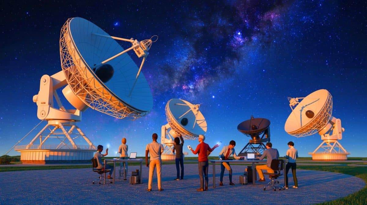 “This Changes Everything”: Mysterious Radio Galaxies Discovered by Regular People (and They’re Closer Than You Think) Illustration of citizen scientists and astronomers discovering enormous radio light rings beyond our galaxy.