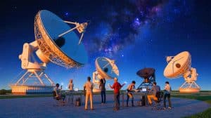 Illustration of citizen scientists and astronomers discovering enormous radio light rings beyond our galaxy.