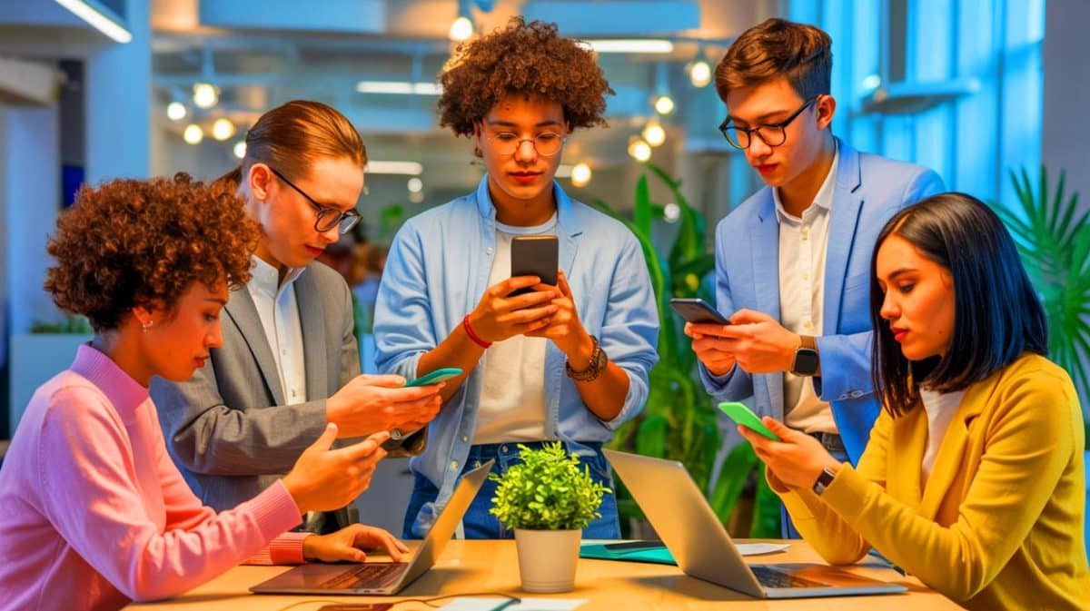 Illustration of Gen Z workers engaging with social media platforms for career advice and development.