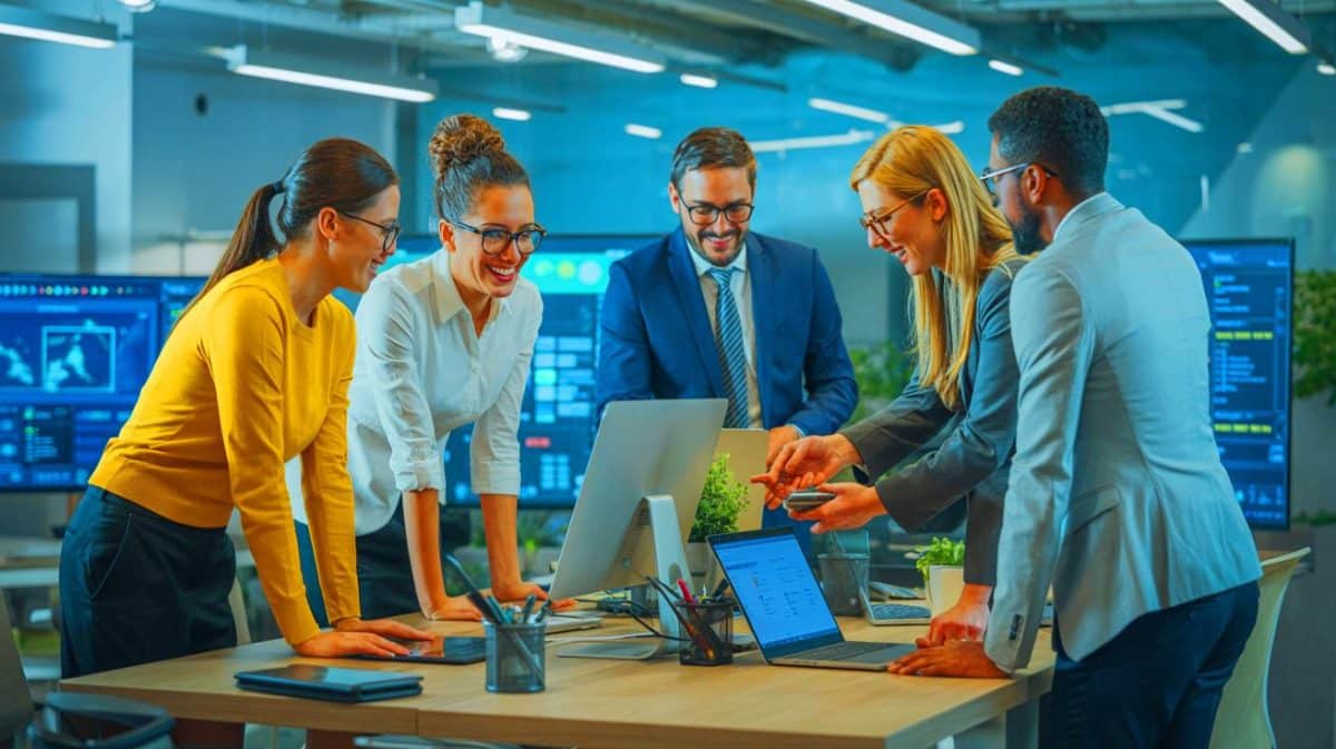 Illustration of leaders fostering agility, ethics, and engagement in modern workplace environments.