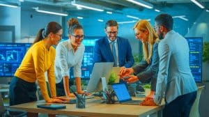 Illustration of leaders fostering agility, ethics, and engagement in modern workplace environments.