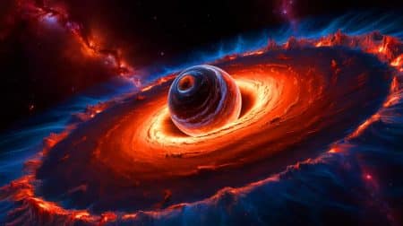 Illustration of high-resolution black hole images challenging Einstein's theory of relativity.