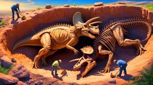 Illustration of the Dueling Dinosaurs fossil featuring a Triceratops and a Nanotyrannus engaged in their last struggle.